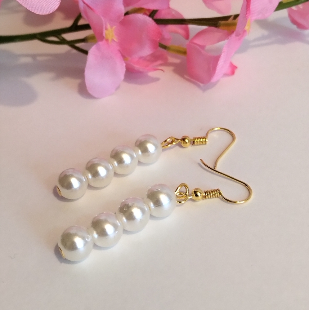 Handcrafted White Faux Pearl beaded Stacked Dangle Earrings 2 inch lightweight